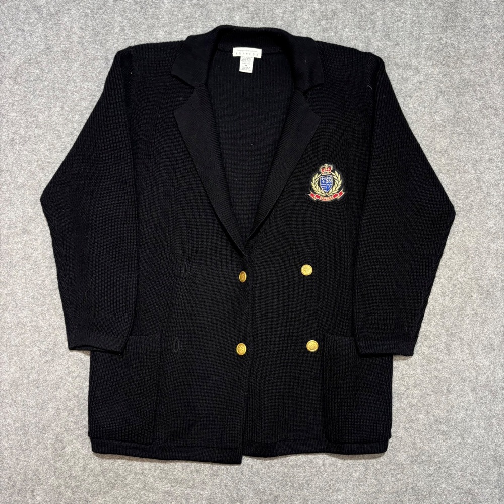 Vintage Express Black Knit Blazer Cardigan Crest Gold Button Wool Blend Medium